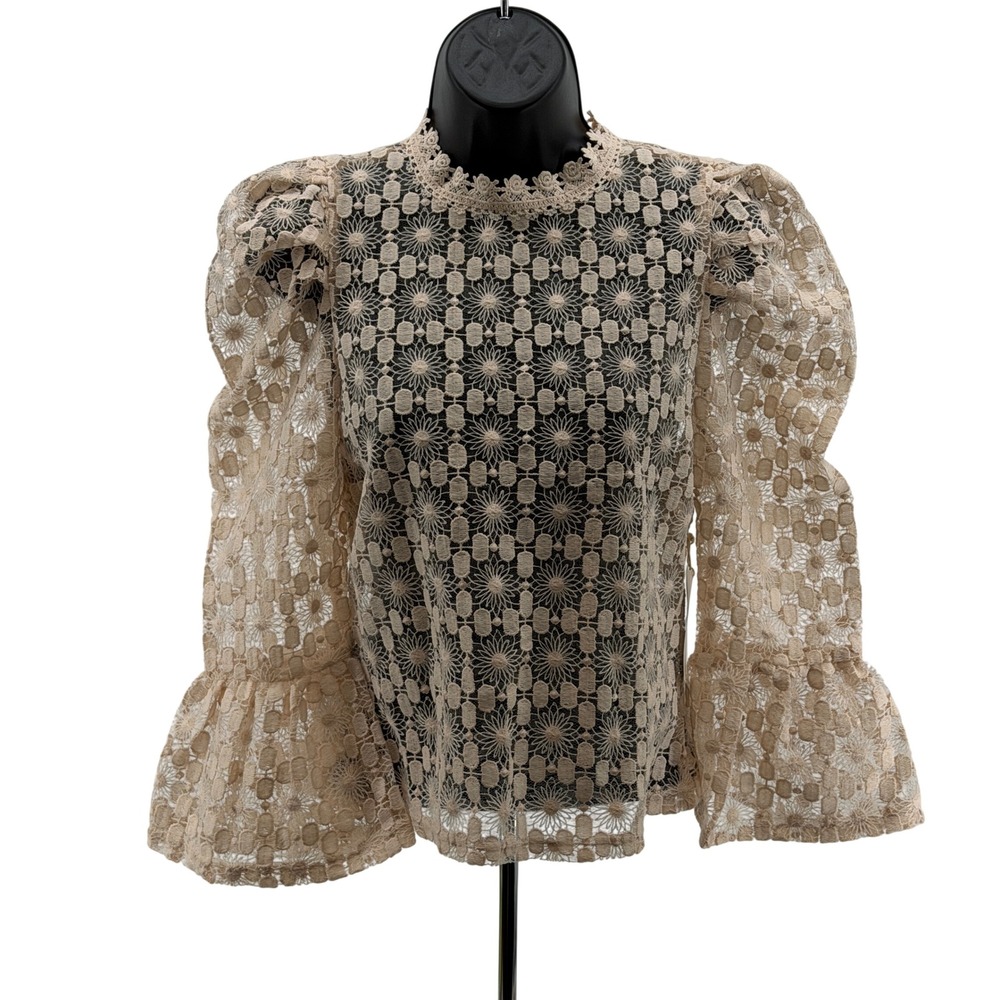 NWT Mele E Pere Blouse Women S Lace Puff Sleeve Mock Neck Floral Sheer Zip Back